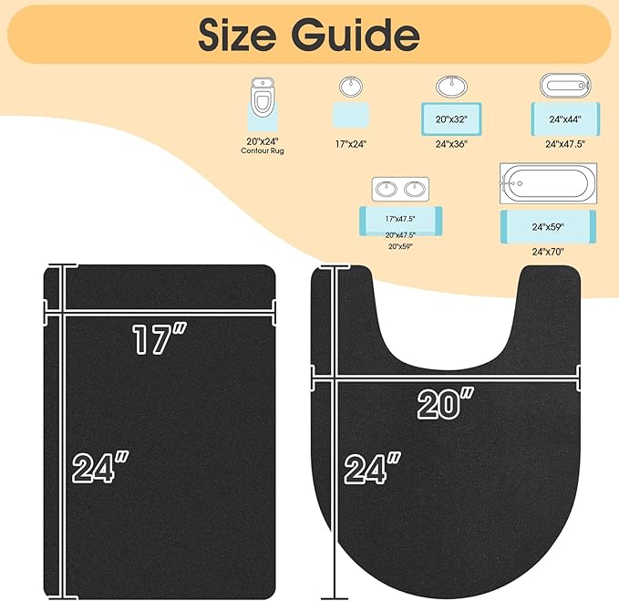ACCUMTEK Non Slip Bath Mat, Thin Bathroom Rugs Fit Under Door, Quick Dry Bath Mats, Machine Washable Bath Rugs for Bathroom, Bathtub & Kitchen, Bathtub & Kitchen, Black/Solid/2 Piece