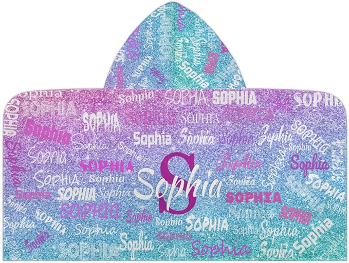 Personalized Hooded Beach Towels for Kids, Custom Beach Towels with Names, Customize with Your Name, Kids Bath Towel Hooded, Watercolor Blue Purple Glitters Print