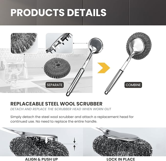 Long Handle Steel Wool Scrubber, Stainless Steel Pot & Pan Scrubber with Replaceable Scouring Ball, Heavy Duty Cast Iron Cleaner for Skillets, Griddles & Cookware (Silver / 1 Pack)