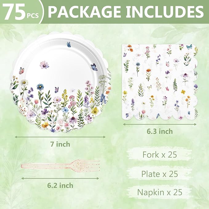 75 Wildflower Themed Plates and Napkins Disposable Set Includes 25 Dessert Cake Scalloped Plates, Cocktail Napkins & Forks, for Fork 25 Guests Holiday Party Supplies.