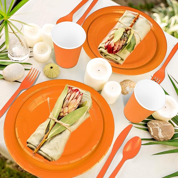 228PCS Orange Party Supplies Set Include Paper Plates Cups Paper Napkins Plastic Spoons Forks Knives for 30 Guests Disposable Party Dinnerware for Birthday Wedding Family Picnic