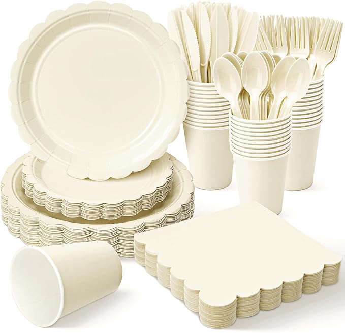 Vyntra 175 Pcs Ivory Disposable Paper Plates and Napkins Set for 25, 9" Dinner Plates & 7" Dessert Plates, Tableware for Wedding, Bridal Shower, Anniversary, Party