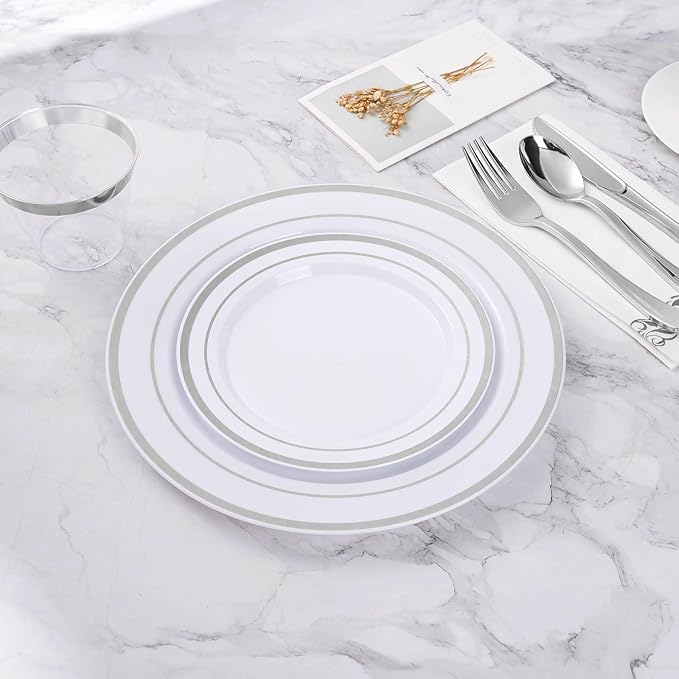 BESTVIP 100PCS 7 Inch Silver Plastic Dessert Plates, Disposable Plate with Silver Rim for Salad/Samll Cakes, Heavy Duty Plates for Party, Wedding and Birthday, Events
