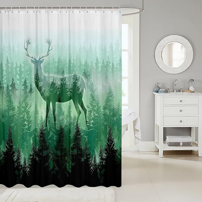 Deer Bath Curtain Kids Botanical Forest Shower Curtain Boys Girls Decor Deer Hunting Bathroom Shower Curtain Set Polyester Farmhouse Wild Animal Green Kids Bathroom Accessories Quilt Cover 72"x72"