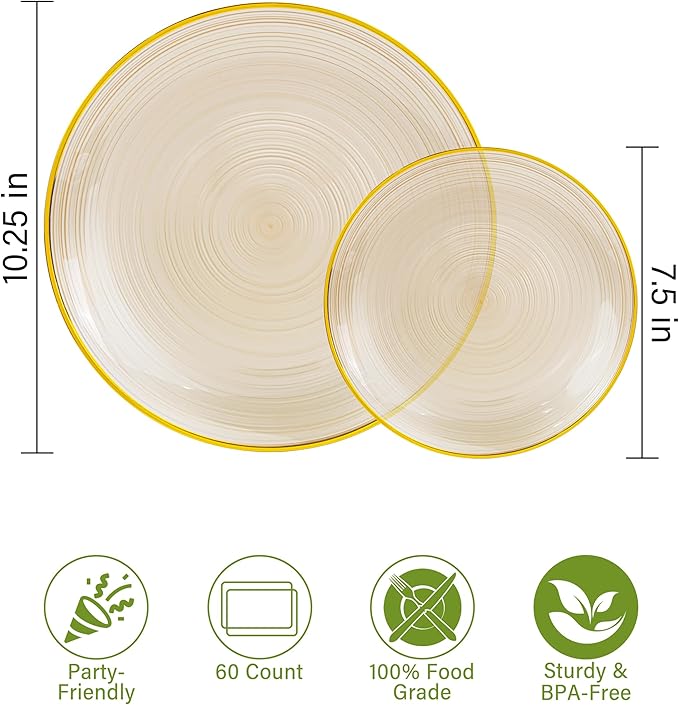 Morejoy 350PCS Clear Brown Plastic Plates - Disposable Gold Party Plates & Pre Rolled Napkins with Cutlery for 50 Guests, 100Plates, 150Silverware, 50Cups, 50Napkin for Party & Christmas