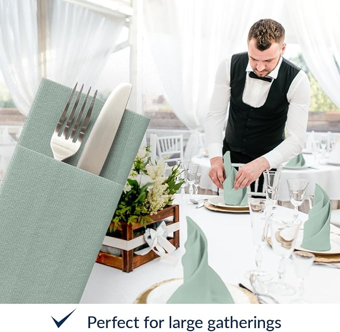 PAW - Sage Linen Feel Napkins with Built-in Flatware Pocket, Airlaid Paper Pre-Folded Napkins for Silverware, Wedding Party, Dinner, Birthday, Gatherings, Monocolor Light Green, 50 Count