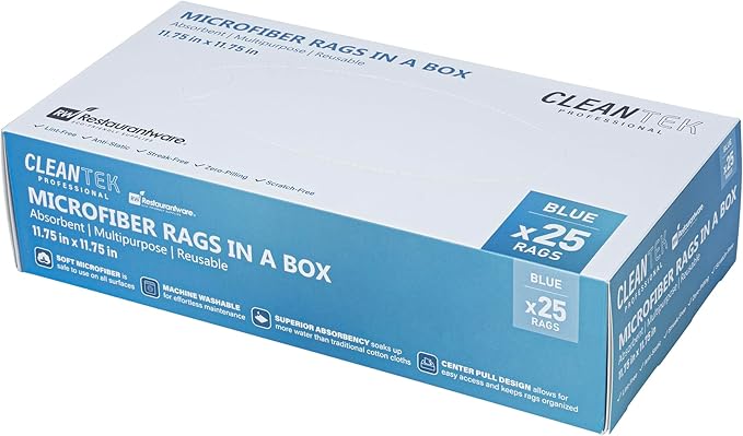 Restaurantware-Clean Tek Professional 11.81 x 11.81 Inch Microfiber Rags In a Box, 250 Absorbent Cleaning Cloths - No-Scratch, Blue Microfiber Reusable Edgeless Cleaning Towels, Leaves No Streak