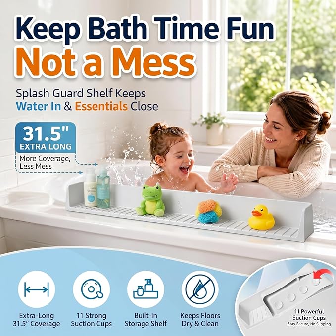 Bathtub Splash Guard for Kids, Silicone Tub Edge Guard & Splash Barrier with Strong Suction Cups, Bath Toy Shelf & Tray Holder, Prevent Water Spills on Bathroom Floor, Extra Long Tub Ledge Shelf