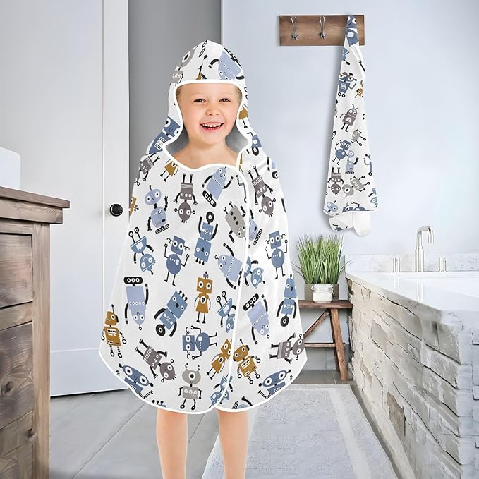 susiyo Kids Hooded Bath Towel Different Robots Beach Towel for Kids 23.5 x 50 Inch Microfiber Soft Absorbent Quick Dry Bath Swim Pool Towel Wrap Poncho Bathrobe with Hood for Kids Toddler