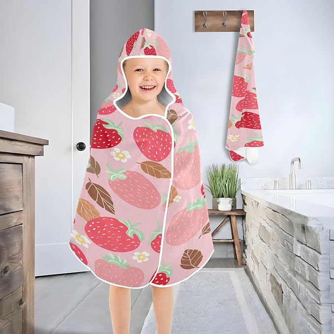 CEBUGI Strawberries Hooded Bath Towel for Kids Absorbent Soft Bath Towel Wrap with Hood 50x23.5in Pool Beach Shower Towel for Boys Girls