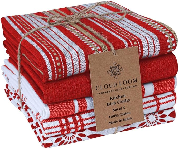 Assorted Kitchen Towels Large 16x26 inch 100% Cotton Set of 5 - Soft Absorbent Washable Tea Towel for Kitchen - Dish Cloths Towel with Hanging Loop - Quick Drying Dish Towels Red