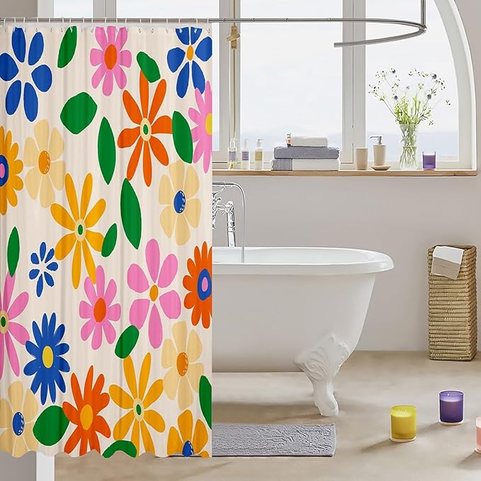 Erosebridal Retro 60S 70S Floral Shower Curtain 72" Wx78 L,Vintage Groovy Daisy Flower Bathroom Curtain for Kids Boys Girls,Bohemian Aesthetic Y2K Style Colorful Trendy Floral Bathroom Decor Set
