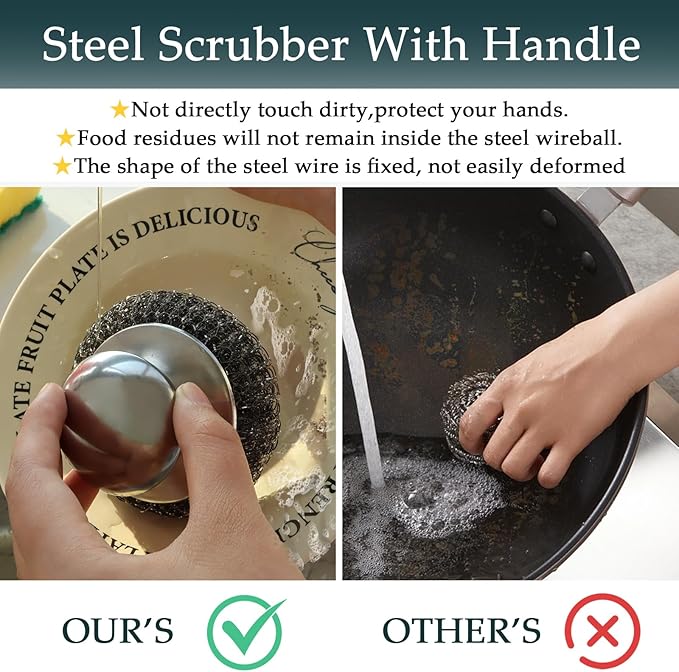 KTOJOY Stainless Steel Wool Scrubber Set, 6 Pieces with Handle, for Cleaning Dishes, Pots, Pans, Cast Iron