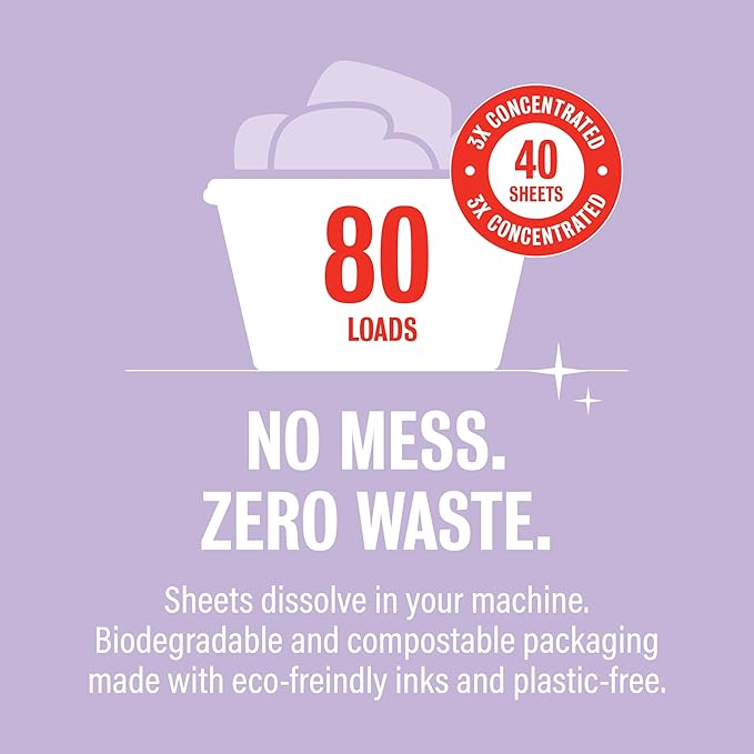 Rebel Green Small But Mighty Laundry Detergent Sheets - Zero Waste Laundry Solution - 40 Pre-Measured Washing Machine Sheets for 80 Loads, Lavender & Grapefruit Scent