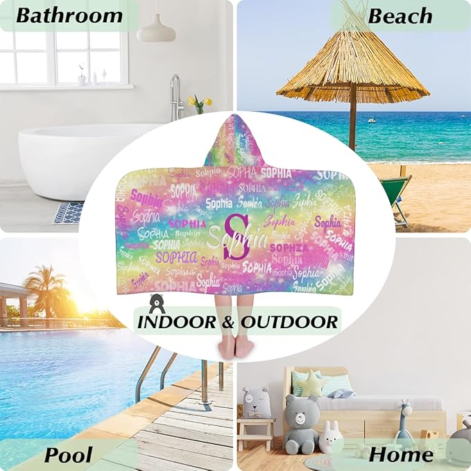 Custom Name Kids Hooded Bath Towel, Soft Towel Wrap - Warm Swim Cover Up - 50" x 24" Soft Terry Poncho Towel as Pool Swim Cover Ups for Girls Boys, Colorful Rainbow Color with Stars
