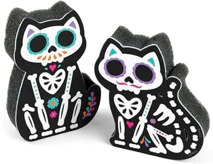 Genuine Fred Feline Clean Kitchen Sponges, Set of 2, Day of The Dead-Inspired Cat-Shaped Sponges, Fun and Quirky Kitchen Accessory