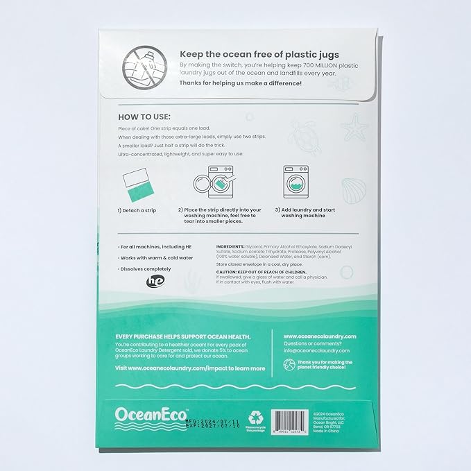 OceanEco™ Earth-Friendly Laundry Detergent Strips - 64 Loads | Ultra-Concentrated, Zero-Waste, Biodegradable, Cruelty-Free & Vegan (Fragrance Free)