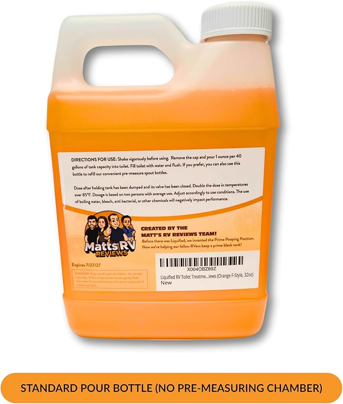 Liquified RV Toilet Treatment - Orange Scent, 32oz Standard Pour Bottle - Holding Tank Waste Digester & Odor Eliminator, Septic Safe, Biodegradable - Made in USA