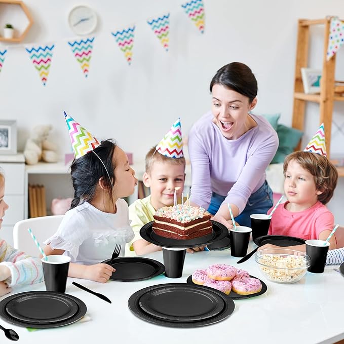 228PCS Black Party Supplies Set Include Paper Plates Cups Black Napkins Plastic Spoons Forks Knives for 30 Guests Disposable Party Dinnerware for Birthday Wedding Family Picnic