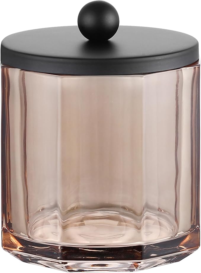 Taupe Translucent Apothecary Octagional Shaped Glass Canister Jar With Matte Black Metal Lid Cover for Bathroom Organization, Cotton Balls, Q Tips, and Small Accessories, Bathroom Storage