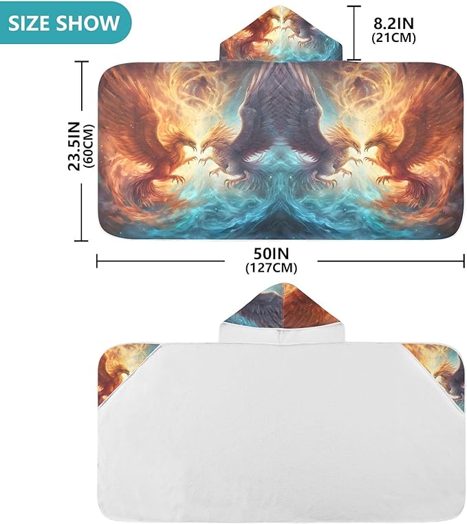 Hooded Towel for Kids Ice and Fire Phoenix in Space Beach Wrap Bath Towels 50x23.5in