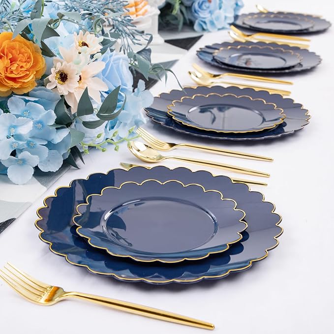 LIYH 60 Pcs Navy Blue Plastic Scalloped Plates with Gold Rim, Blue and Gold Disposable Plates for Party Included 30 Dinner Plate 10.25 30 Dessert Plate 7.5 Inch for Memorial Day,Independence Day