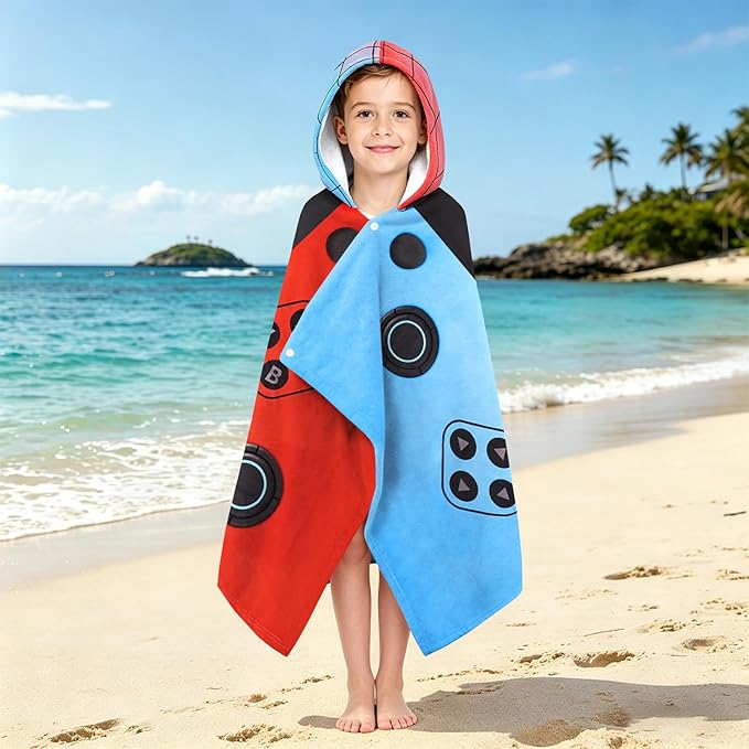 Hooded Towels for Kids - Superfine Fiber Video Game Gamepad Toddler Hood Bath Towels Beach Hooded Poncho Absorbent Pool Toddler Swim Bath Wrap for Boys & Girls 3-10 Years, 60 * 35 inches