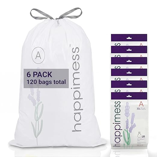 happimess 8 Gallon (30L) Drawstring Trash Bags, Lavender Scent, White, Heavy Duty MDPE Liners for Kitchen and Household, Odor Control, Custom Fit 120 Count (6 Packs of 20 Liners) HPM3101A-W-6SET