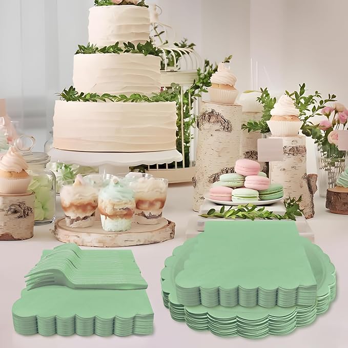 Sage Green Paper Plates and Napkins,7 Inch Sage Green Scalloped Disposable Dessert Plates Paper Napkin Fork Party Supplies for Wedding Baby Shower Birthday(25 Guest)