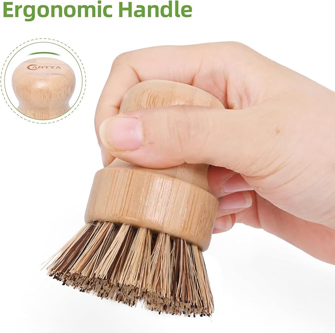 6 Packs Bamboo Dish Brush - Hard Bristle, Eco Friendly Dish Scrubber Union Fiber and Tampico Fiber Bamboo Wok Brush for Washing Cast Iron Pan/Pot