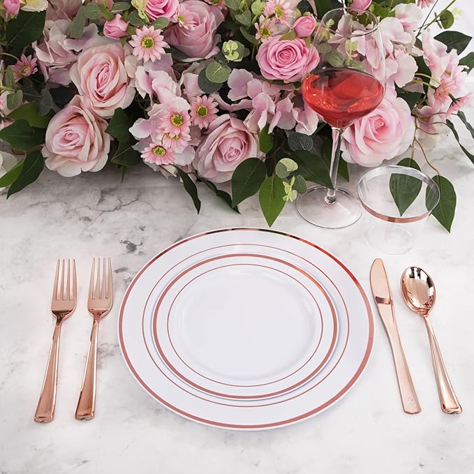 WELLIFE 350 Pieces Rose Gold Plastic Dinnerware, 50 Guests Disposable Plates with Rose Gold silverware and Cups, 50 Pre Rolled Napkins with Cutlery, Perfect for Wedding and Party