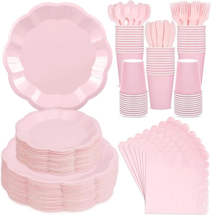 NatNarr 350 Pcs Pink Paper Plates and Napkins Set Include 9" Dinner Plates, 7" Dessert Plate Disposable Scalloped Tableware Serve 50 Guest for Wedding Baby Bridal Shower Birthday