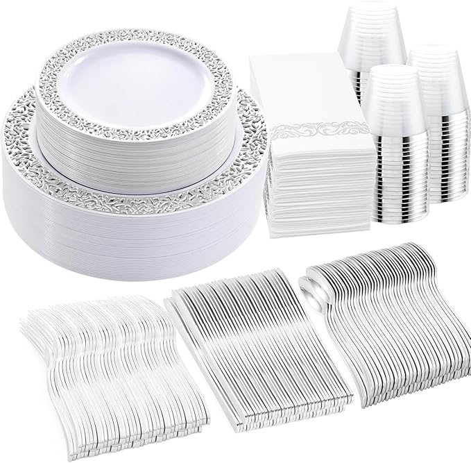 WELLIFE 350pcs Silver Party Dinnerware Set for 50 Guests, Silver Wedding Plates Disposable Heavy Duty, Including :50 Dinner Plates, 50 Dessert Plates, 50 Cups, 50 Napkins, 50 Sliver Silverware Set