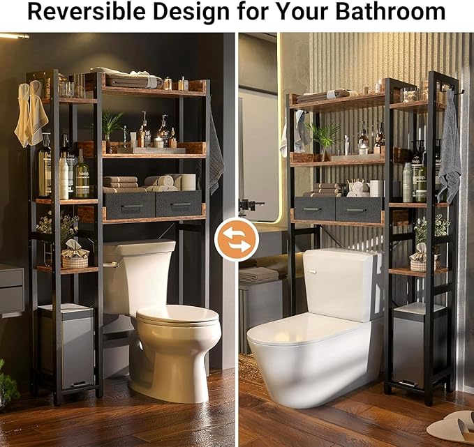 Over The Toilet Storage with Basket, Bathroom & Laundry Organizer, Freestanding Above Toilet Shelf with Adjustable Feet, Bathroom Storage Shelf with 4 Hooks for Restroom, Laundry, Rustic Brown