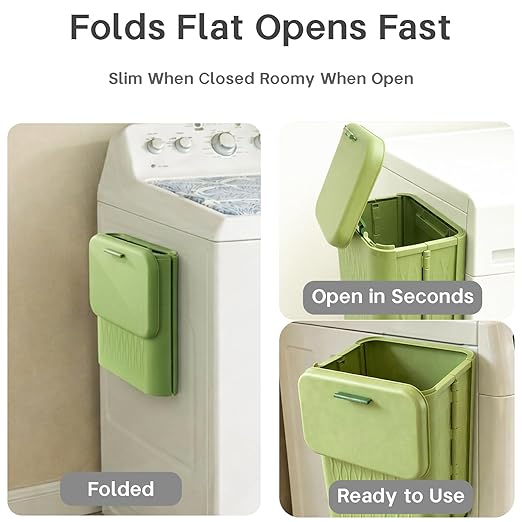 Magnetic Lint Bin for Laundry Room, Extra Large Foldable Lint Trash Can with Lid and Dryer Lint Brush, Wall Mounted Laundry Room Organization and Storage, Green