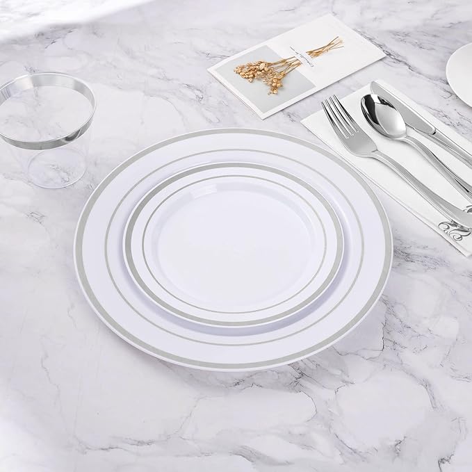 BESTVIP 50PCS 7 Inch Silver Plastic Plates, Disposable Salad Dessert Plate with Silver Rim, Heavy Duty Disposable Plastic Plates for Parties, Wedding and Birthday, Events