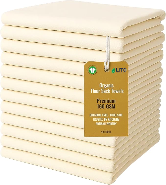 Flour Sack Towels | Tea Towel for Crafts| Kitchen Dish Cotton Blank Towel for Embroidery| Baking Bread Proofing Linen Cover| Super Absorbent Quick Dry| 12 Pack 18"x 28" Natural
