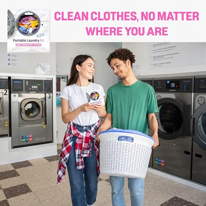 Portable Laundry Kit – Travel Clothes Cleaning Essentials with Liquid Detergent, Stain Remover Wipe, Dryer Sheet & Laundry Bag – Bulk Supply for Motels, Camping & Charities (5 Packs)