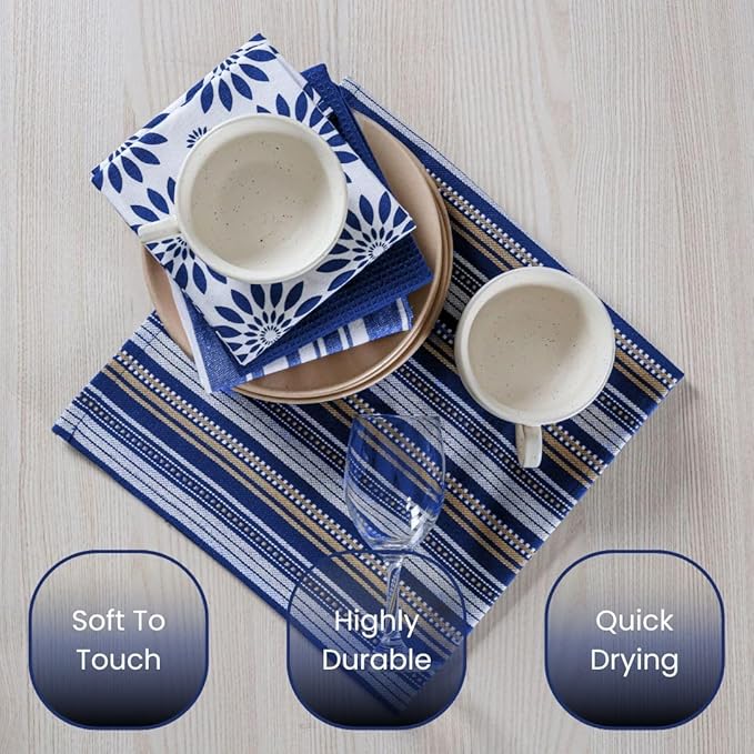 Assorted Kitchen Towels Large 16x26 inch 100% Cotton Set of 5 - Soft Absorbent Washable Tea Towel for Kitchen - Dish Cloths Towel with Hanging Loop - Quick Drying Dish Towels Blue