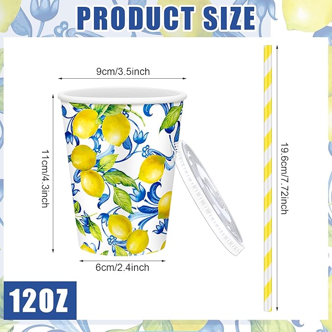 Tessco 150 Pcs 50 Sets Capri Lemon Paper Cups with Lids and Straws - 12 oz Blue Tiles Italian Lemon Cold Cups for Amalfi Coast Party, Bridal Shower, Wedding Supplies