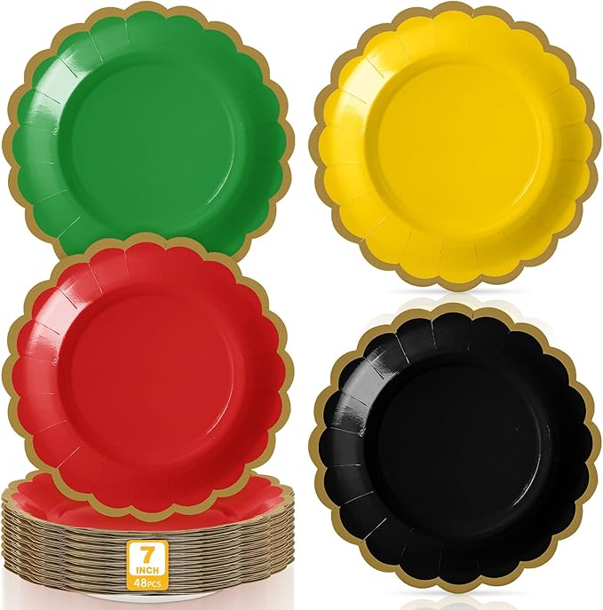 48 Pcs Red Green Yellow Black Paper Plates 7 Inch Scalloped Juneteenth African American Festival Disposable Dessert Plates for Black History Month Bridal Wedding Birthday Party Supplies