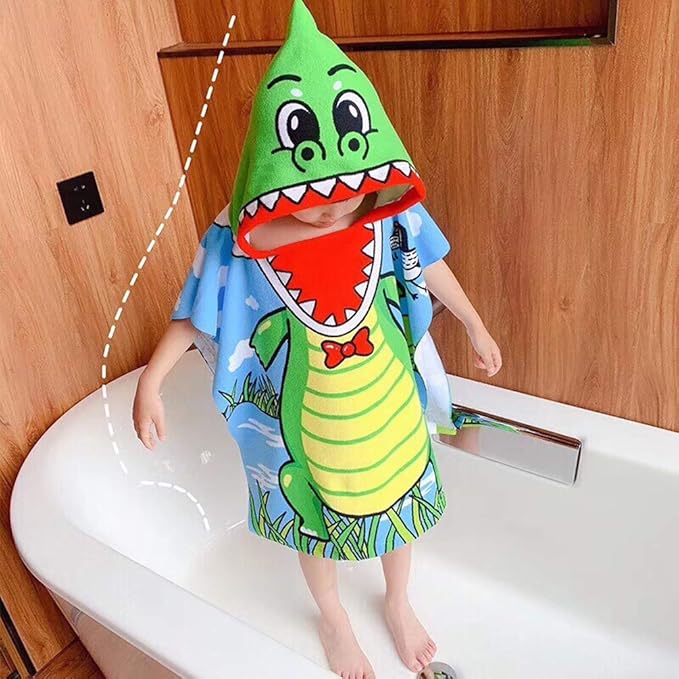 TONWHAR Soft Cotton Hooded Beach Towel Poncho for Kids Bath Pool Beach Swim Boys Girls Cartoon Cover-up Cape (Crocodile)