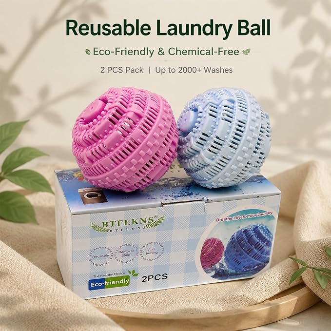 Laundry Balls Set, Eco-Friendly Super Washing Machine Laundry Ball, All Natural Washer Ball Laundry Detergent Alternative, Household Can Be Reused 2000 Washings(2pcs Balls, Pink,Blue)