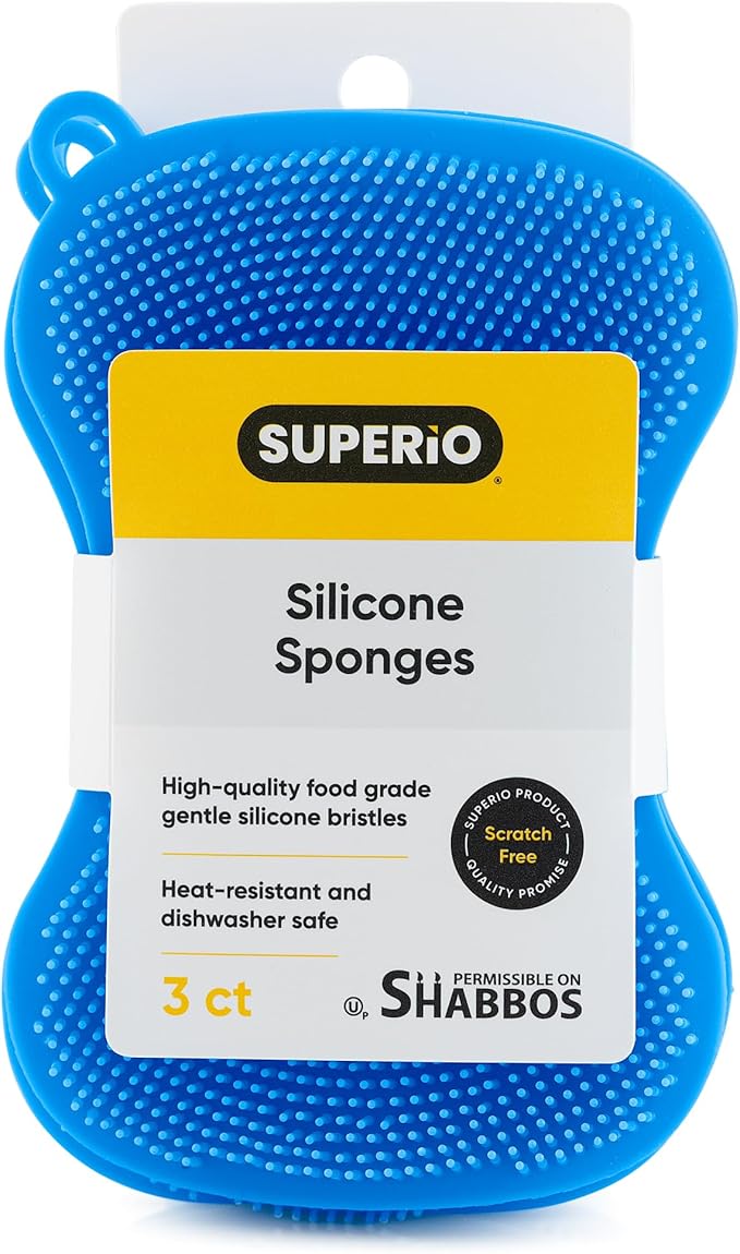 Silicone Heat Resistant Dishwasher Sponge, Fruit Cleaner, Vegetable Washer, Non Scratch Durable Bristles, Blue 3-Pack