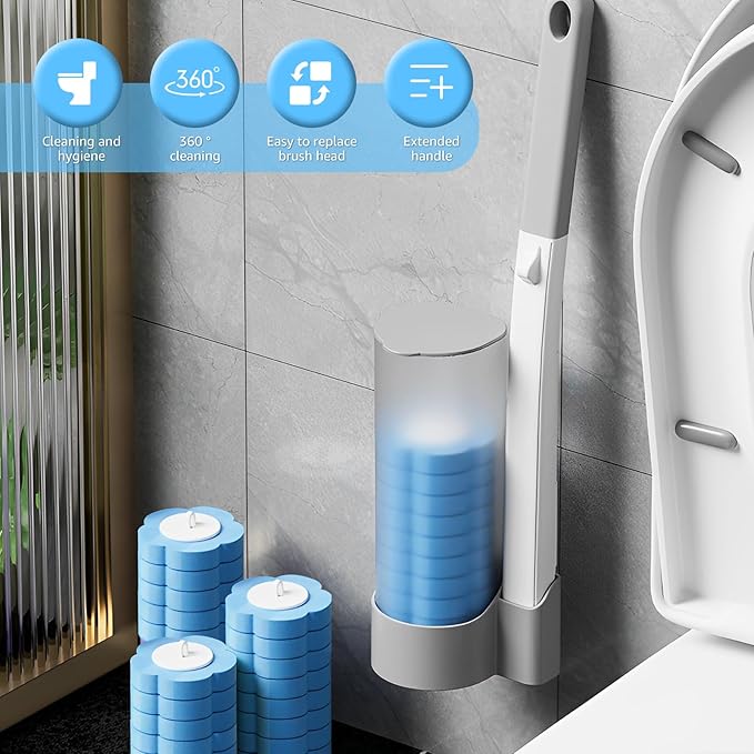 Toilet Brush Cleaning Kit, Toilet Cleaning System - Storage Caddy and 18/24 Toilet Brush Refills, Adhesive Wall Mounted Toilet Bowl Cleaner Brush with Handle (Set 01)