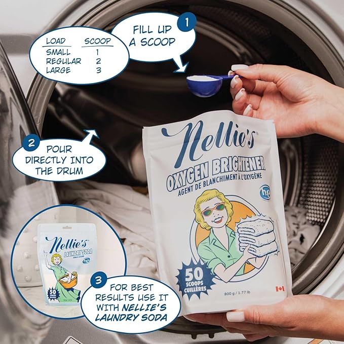 Nellie’s Oxygen Brightener –Powder Stain Remover for Laundry – Brightens Whites, Protects Colors – Bleach-Free, Septic-Safe (50 Scoops) - Made in Canada