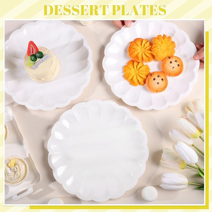 NatNarr 30 Pcs White Paper Plates 9.5 In White Plates Disposable Heavy Duty Scalloped Party Plate with Shell Edge for Wedding Birthday Bridal Shower Girl Baby Shower