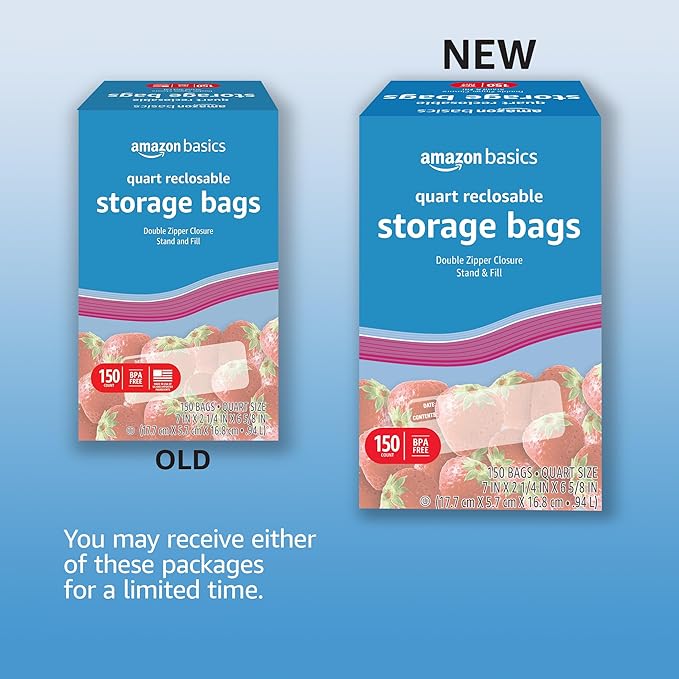 Amazon Basics Reclosable Quart Food Storage Bags with Double Zipper Seal, BPA Free, 150 Count (Pack of 2)