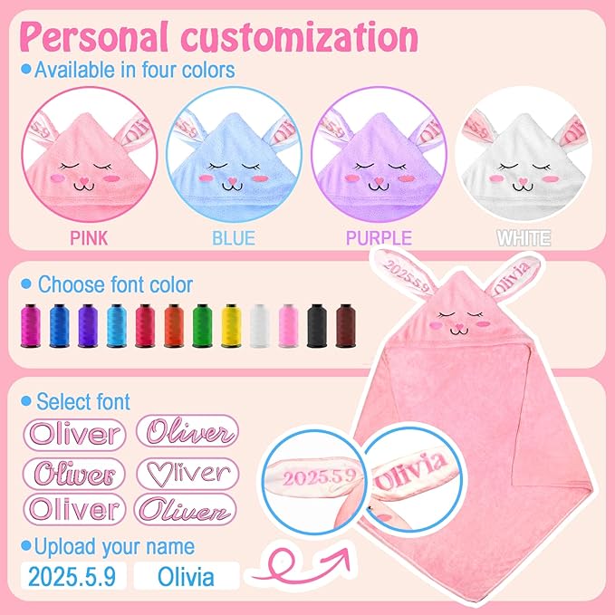 Baosity Custom Hooded Baby Towel with Name, Soft Absorbent Bunny Toddler Towel, Baby Bath Towels for Girls Boys, Personalized Easter Brithday for Baby, Toddler, Newborn Essential