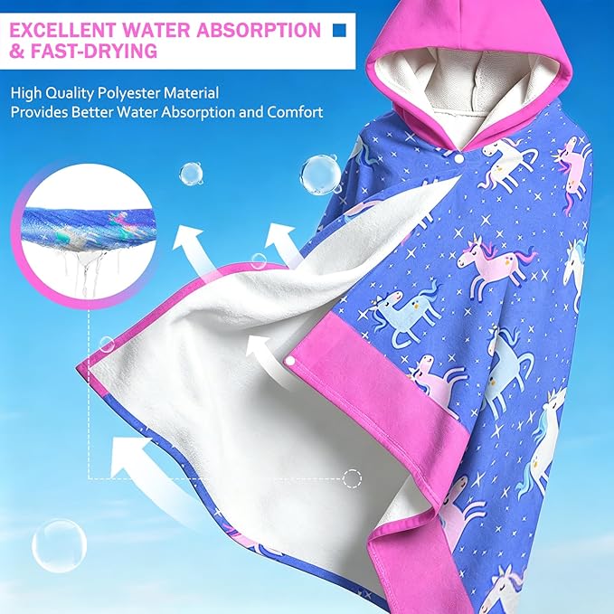 Hooded Towels for Kids - Superfine Fiber Unicorn Toddler Hood Bath Towels Beach Hooded Poncho Absorbent Pool Toddler Swim Bath Wrap for Boys & Girls 3-10 Years Beach Essentials, 60*35 inches